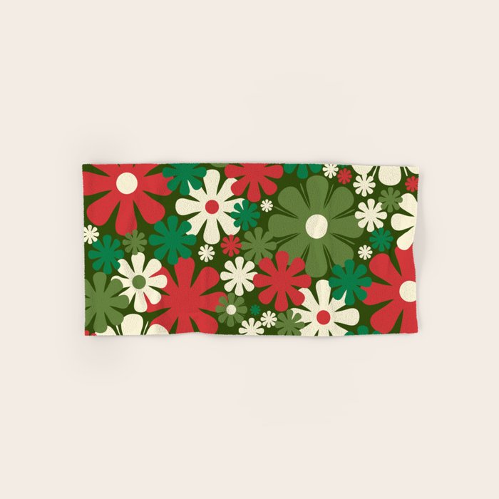 Retro Christmas Flowers 60s 70s Aesthetic Floral Pattern in Vintage Green Red Cream Bath Towel Gallery Image 1