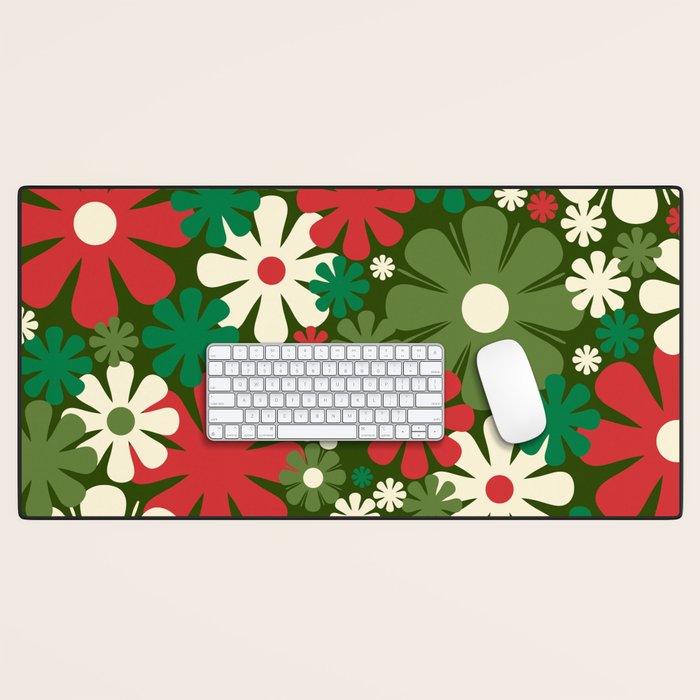Retro Christmas Flowers 60s 70s Aesthetic Floral Pattern in Vintage Green Red Cream Desk Mat Gallery Image 1