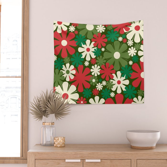 Retro Christmas Flowers 60s 70s Aesthetic Floral Pattern in Vintage Green Red Cream Wall Tapestry Gallery Image 2