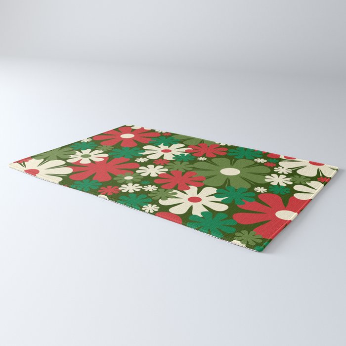 Retro Christmas Flowers 60s 70s Aesthetic Floral Pattern in Vintage Green Red Cream Rug Gallery Image 3