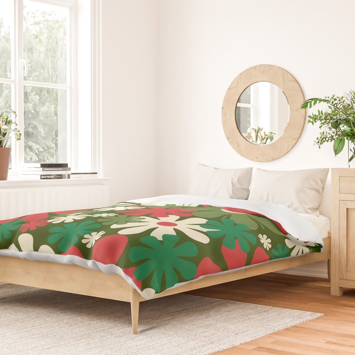 Retro Christmas Flowers 60s 70s Aesthetic Floral Pattern in Vintage Green Red Cream Duvet Cover Gallery Image 2