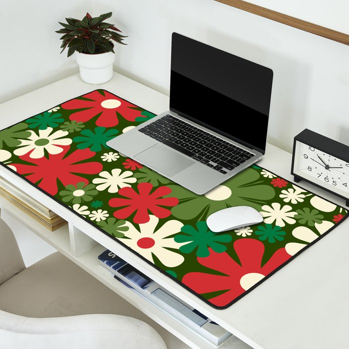 Retro Christmas Flowers 60s 70s Aesthetic Floral Pattern in Vintage Green Red Cream Desk Mat Gallery Image 2