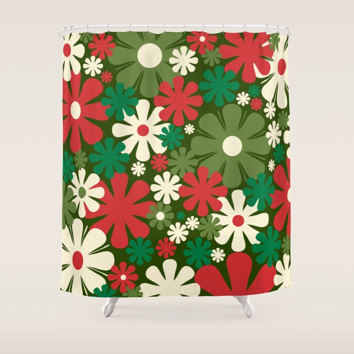 Retro Christmas Flowers 60s 70s Aesthetic Floral Pattern in Vintage Green Red Cream Shower Curtain Gallery Image 1