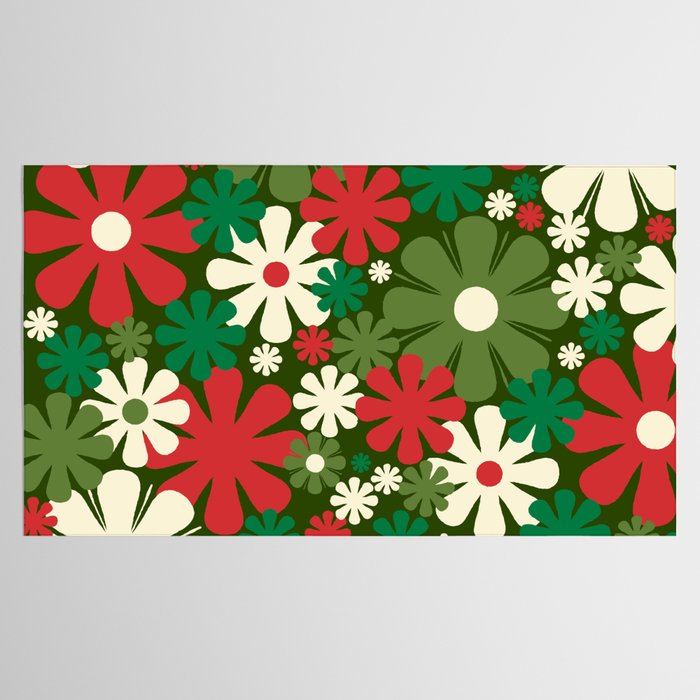 Retro Christmas Flowers 60s 70s Aesthetic Floral Pattern in Vintage Green Red Cream Tablecloth Gallery Image 2