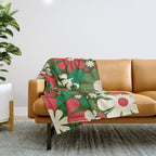 Retro Christmas Flowers 60s 70s Aesthetic Floral Pattern in Vintage Green Red Cream Throw Blanket Gallery Image 1