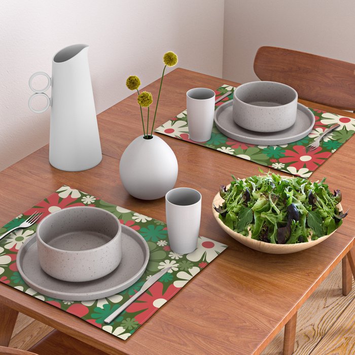 Retro Christmas Flowers 60s 70s Aesthetic Floral Pattern in Vintage Green Red Cream Placemat Gallery Image 2