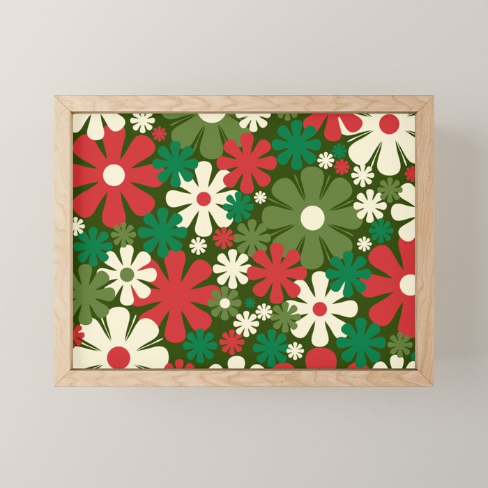 Retro Christmas Flowers 60s 70s Aesthetic Floral Pattern in Vintage Green Red Cream Mini Art Print Gallery Image 1