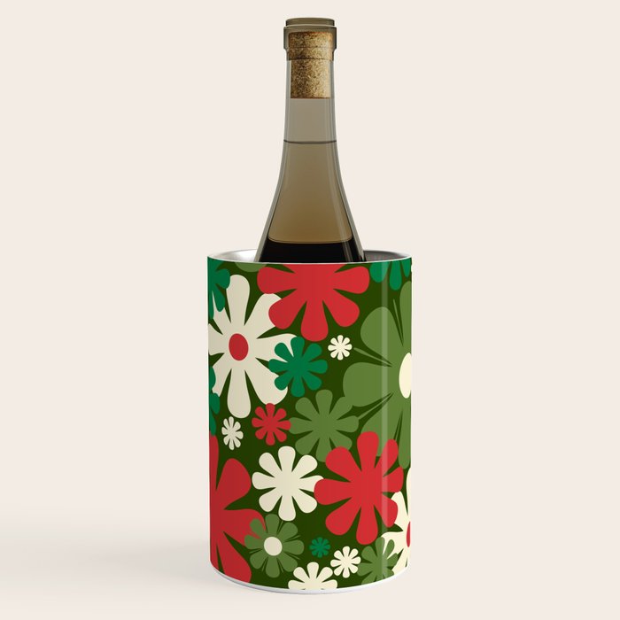 Retro Christmas Flowers 60s 70s Aesthetic Floral Pattern in Vintage Green Red Cream Wine Chiller Gallery Image 1