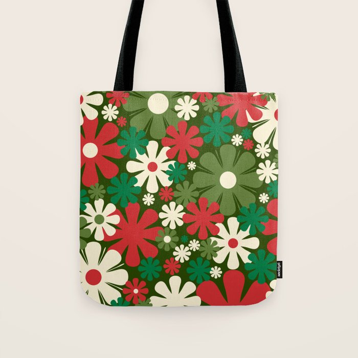 Retro Christmas Flowers 60s 70s Aesthetic Floral Pattern in Vintage Green Red Cream Tote Bag Gallery Image 1