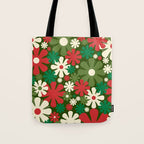 Retro Christmas Flowers 60s 70s Aesthetic Floral Pattern in Vintage Green Red Cream Tote Bag Gallery Image 1