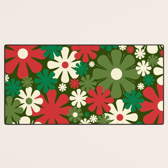 Retro Christmas Flowers 60s 70s Aesthetic Floral Pattern in Vintage Green Red Cream Desk Mat Gallery Image 3