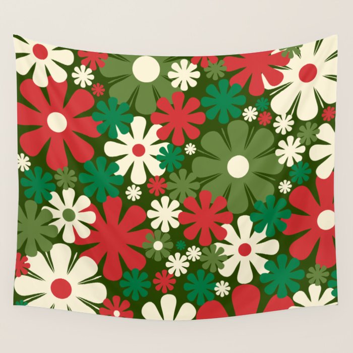 Retro Christmas Flowers 60s 70s Aesthetic Floral Pattern in Vintage Green Red Cream Wall Tapestry Gallery Image 4