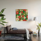 Retro Christmas Flowers 60s 70s Aesthetic Floral Pattern in Vintage Green Red Cream Wood Wall Art Gallery Image 2