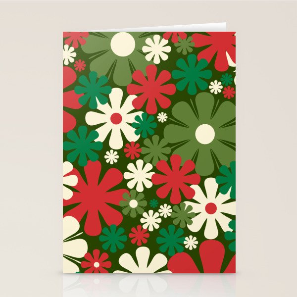 Retro Christmas Flowers 60s 70s Aesthetic Floral Pattern in Vintage Green Red Cream Stationery Card Gallery Image 1