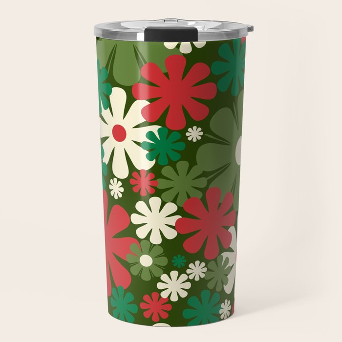 Retro Christmas Flowers 60s 70s Aesthetic Floral Pattern in Vintage Green Red Cream Travel Mug Gallery Image 1