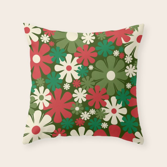 Retro Christmas Flowers 60s 70s Aesthetic Floral Pattern in Vintage Green Red Cream Throw Pillow Gallery Image 1