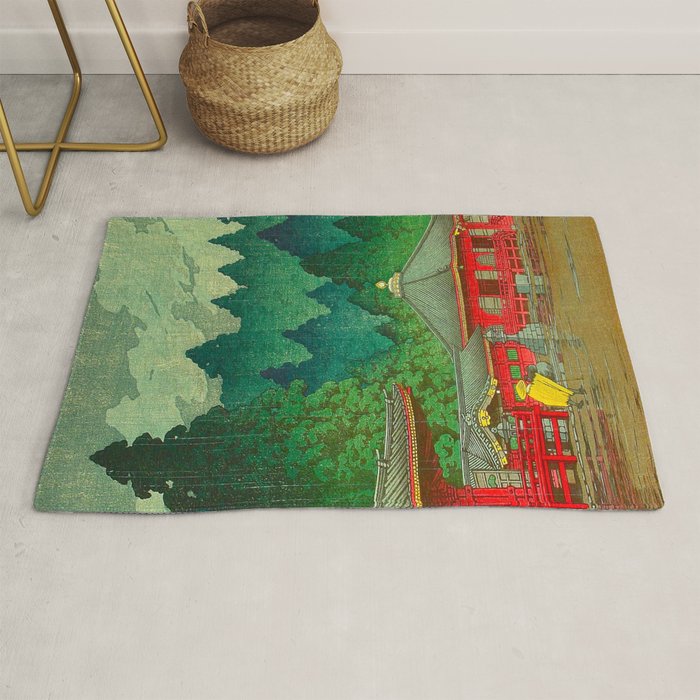 Vintage Japanese Woodblock Print Rainy Day At The Shinto Shrine Tall Pine trees Yellow Rain Coat Rug Gallery Image 1
