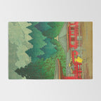 Vintage Japanese Woodblock Print Rainy Day At The Shinto Shrine Tall Pine trees Yellow Rain Coat Rug Gallery Image 2