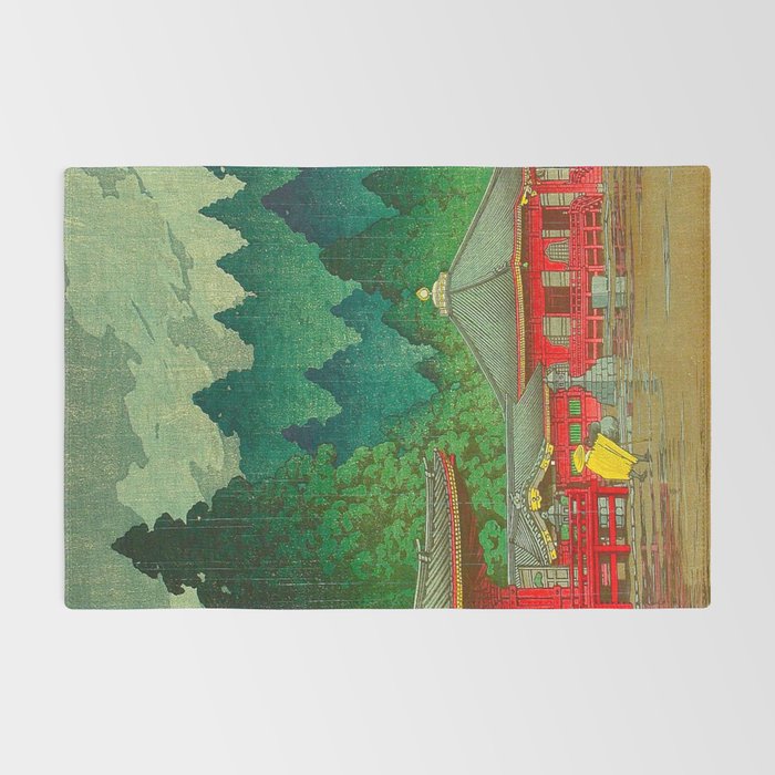 Vintage Japanese Woodblock Print Rainy Day At The Shinto Shrine Tall Pine trees Yellow Rain Coat Rug Gallery Image 2