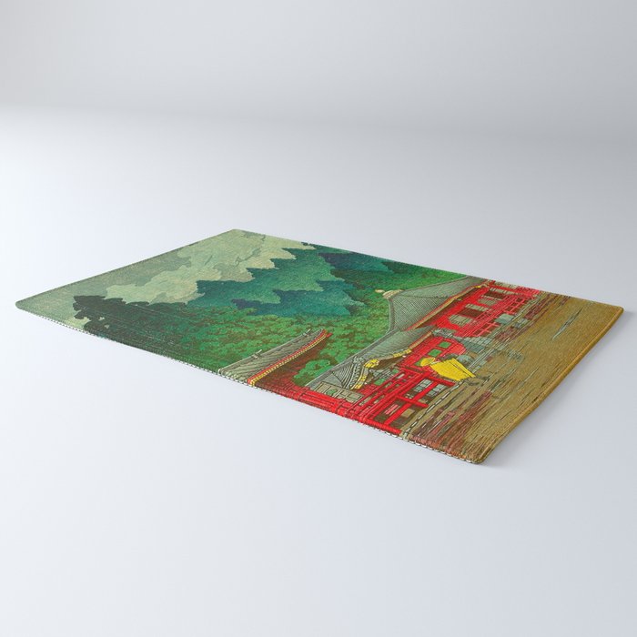 Vintage Japanese Woodblock Print Rainy Day At The Shinto Shrine Tall Pine trees Yellow Rain Coat Rug Gallery Image 3