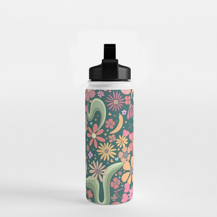 Retro Hippie 70s rainbow flower garden pattern  Water Bottle Gallery Image 2
