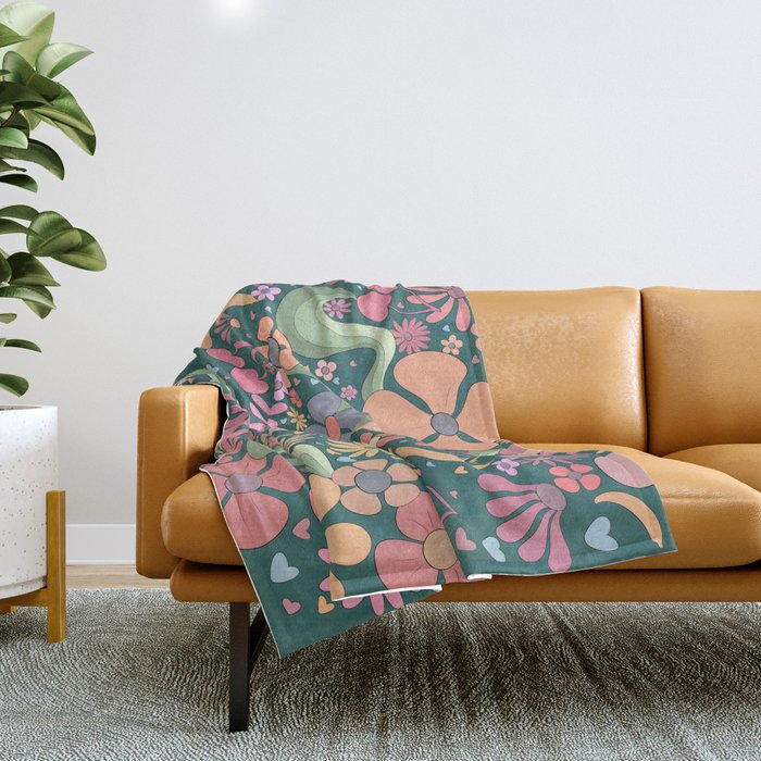 Retro Hippie 70s rainbow flower garden pattern  Throw Blanket Gallery Image 1