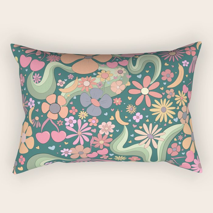 Retro Hippie 70s rainbow flower garden pattern  Rectangular Pillow Gallery Image 2