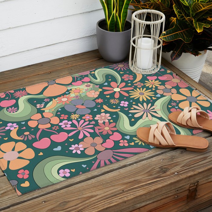Retro Hippie 70s rainbow flower garden pattern  Outdoor Rug Gallery Image 2