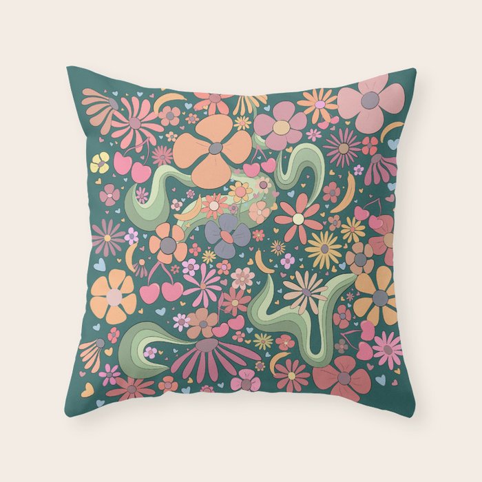 Retro Hippie 70s rainbow flower garden pattern  Throw Pillow Gallery Image 6