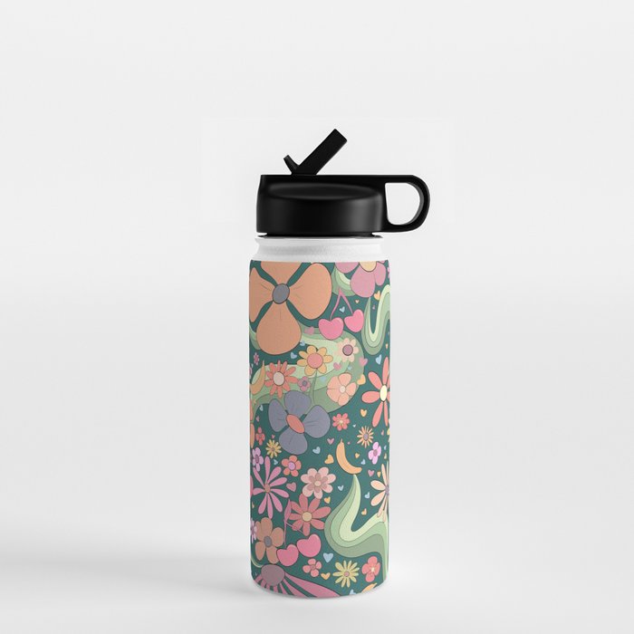 Retro Hippie 70s rainbow flower garden pattern  Water Bottle Gallery Image 1