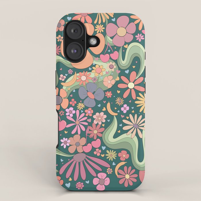 Retro Hippie 70s rainbow flower garden pattern  iPhone Case Gallery Image 1