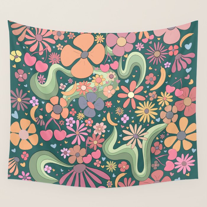 Retro Hippie 70s rainbow flower garden pattern  Wall Tapestry Gallery Image 4