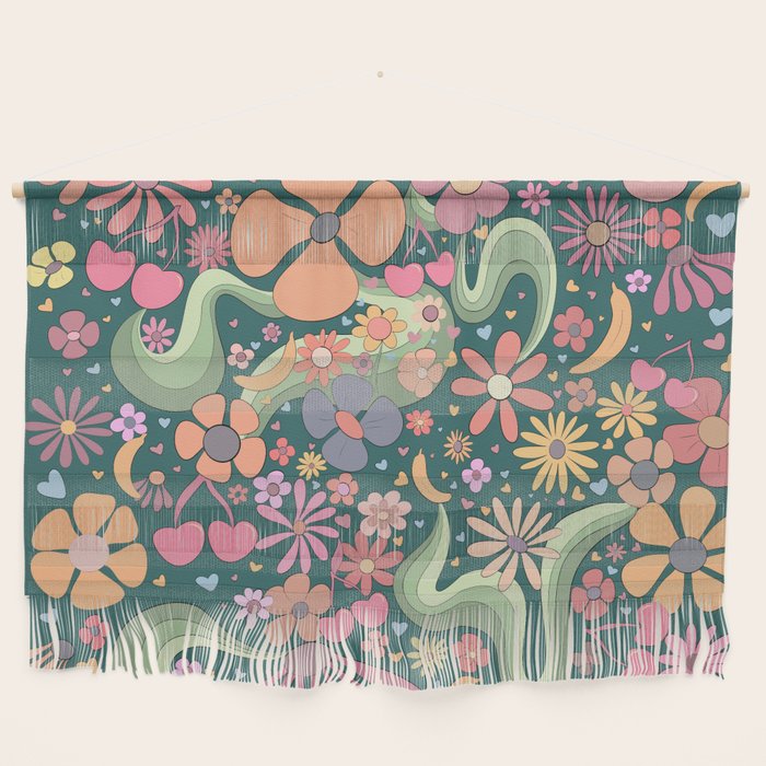 Retro Hippie 70s rainbow flower garden pattern  Wall Hanging Gallery Image 1