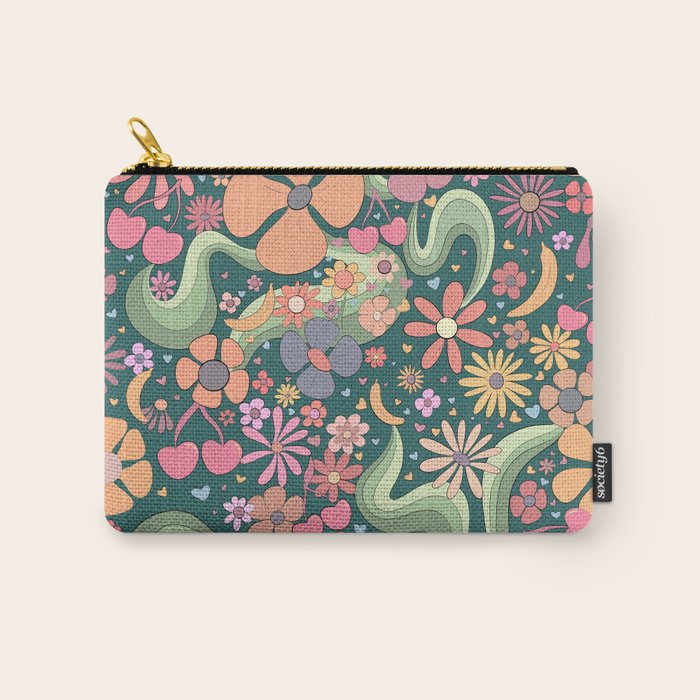 Retro Hippie 70s rainbow flower garden pattern  Carry All Pouch Gallery Image 1
