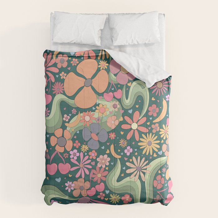 Retro Hippie 70s rainbow flower garden pattern  Comforter Gallery Image 1