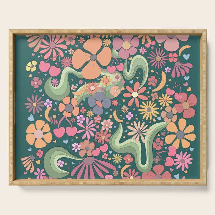 Retro Hippie 70s rainbow flower garden pattern  Serving Tray Gallery Image 1