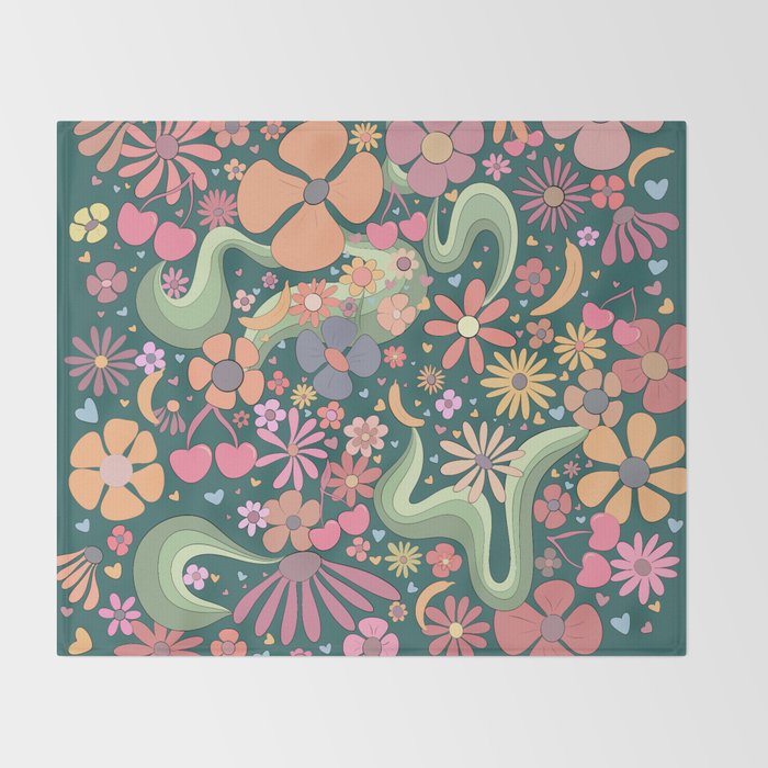 Retro Hippie 70s rainbow flower garden pattern  Throw Blanket Gallery Image 2