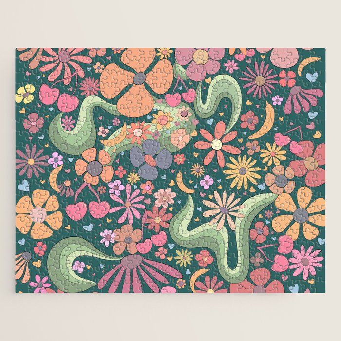 Retro Hippie 70s rainbow flower garden pattern  Jigsaw Puzzle Gallery Image 1