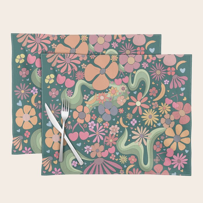 Retro Hippie 70s rainbow flower garden pattern  Placemat Gallery Image 1