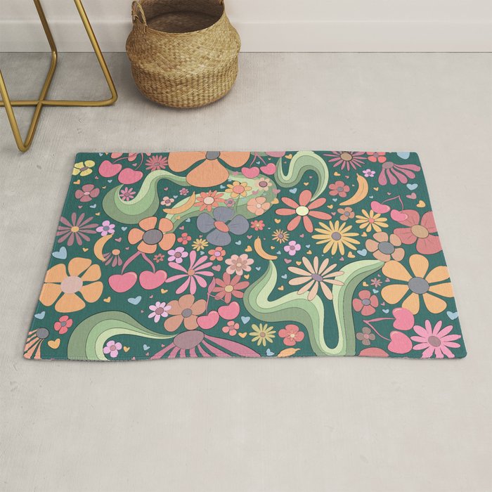 Retro Hippie 70s rainbow flower garden pattern  Rug Gallery Image 1