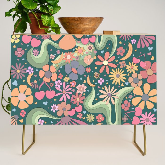 Retro Hippie 70s rainbow flower garden pattern  Credenza Gallery Image 1