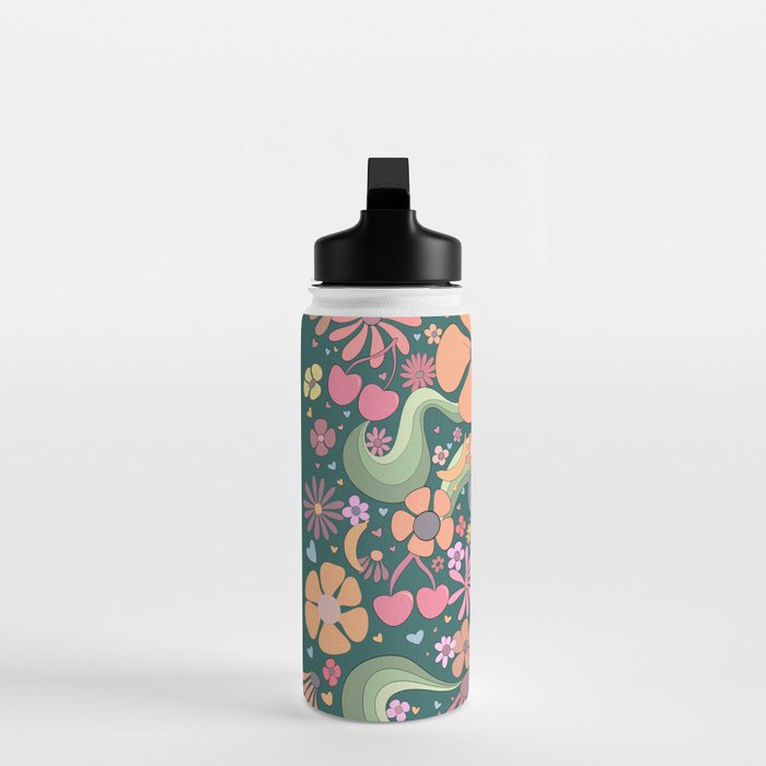 Retro Hippie 70s rainbow flower garden pattern  Water Bottle Gallery Image 3