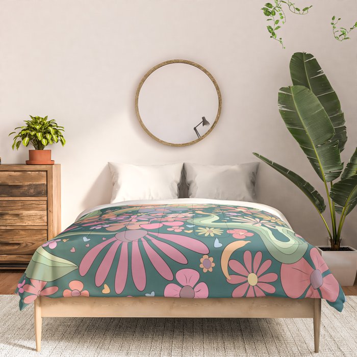 Retro Hippie 70s rainbow flower garden pattern  Comforter Gallery Image 3
