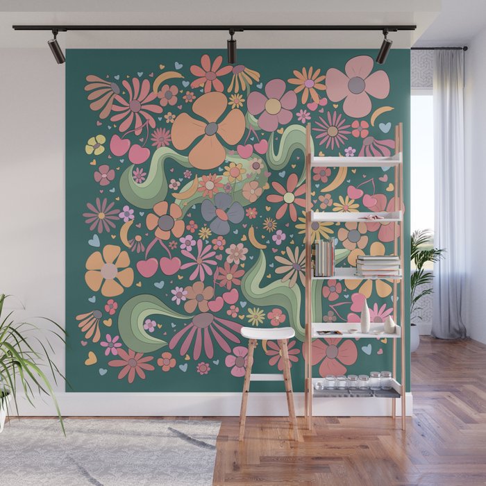 Retro Hippie 70s rainbow flower garden pattern  Wall Mural Gallery Image 1