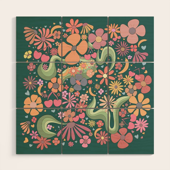Retro Hippie 70s rainbow flower garden pattern  Wood Wall Art Gallery Image 1