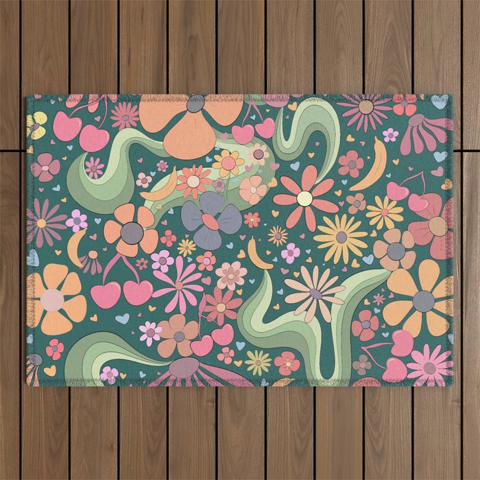 Retro Hippie 70s rainbow flower garden pattern  Outdoor Rug Gallery Image 1