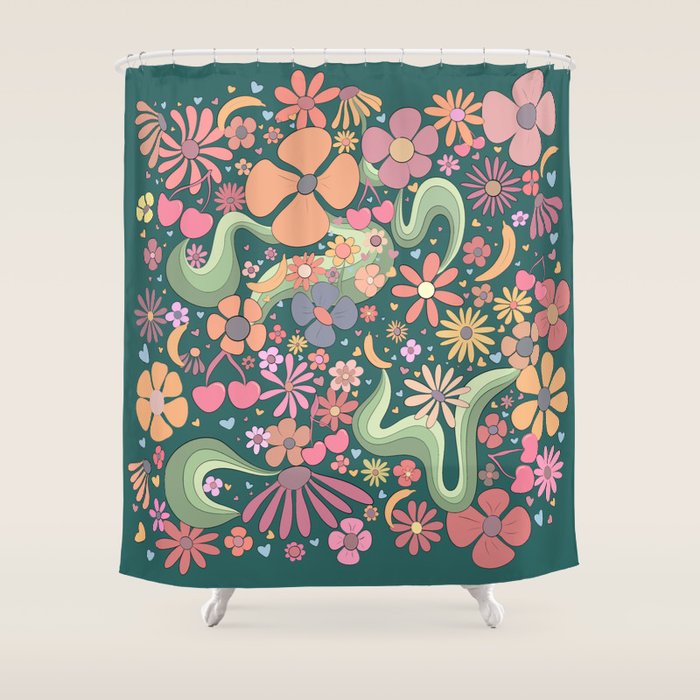 Retro Hippie 70s rainbow flower garden pattern  Shower Curtain Gallery Image 1