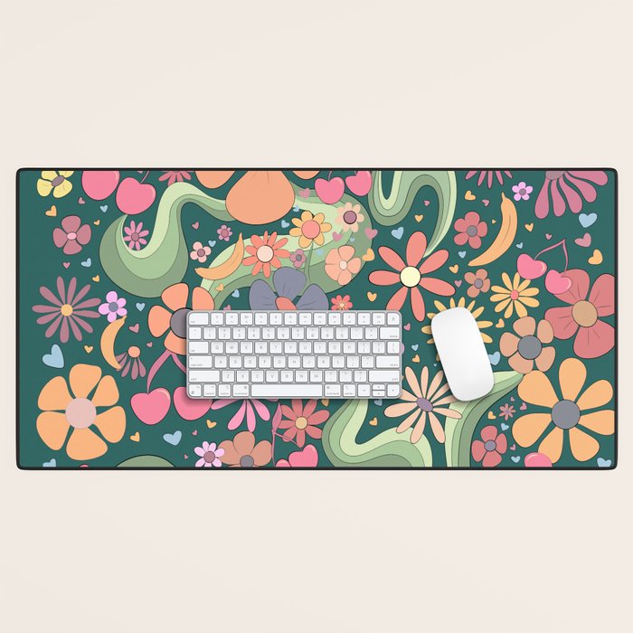 Retro Hippie 70s rainbow flower garden pattern  Desk Mat Gallery Image 1