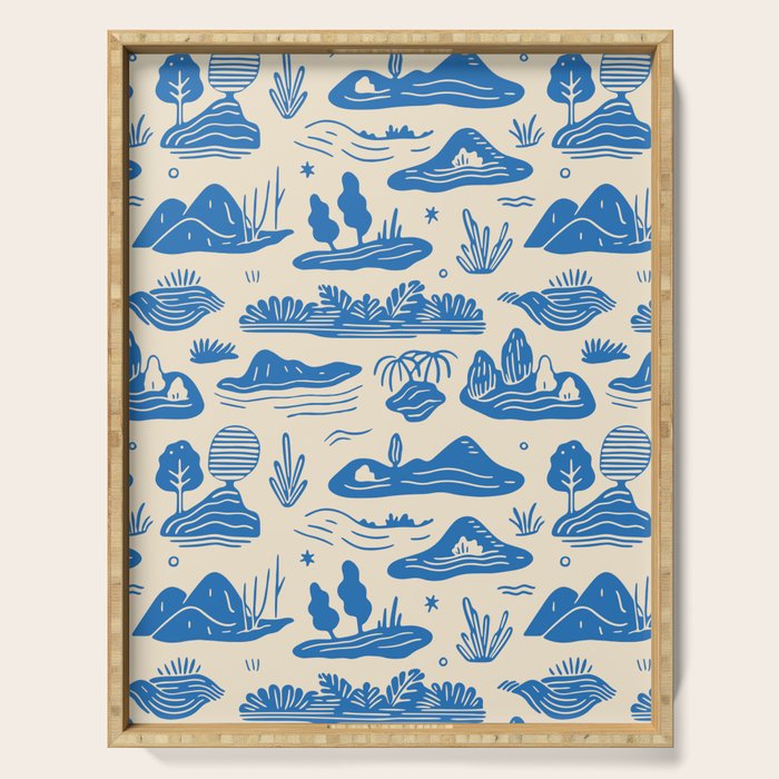 Abstract blue nature landscape doodle pattern Serving Tray Gallery Image 1