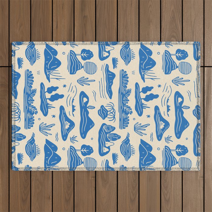 Abstract blue nature landscape doodle pattern Outdoor Rug Gallery Image 1